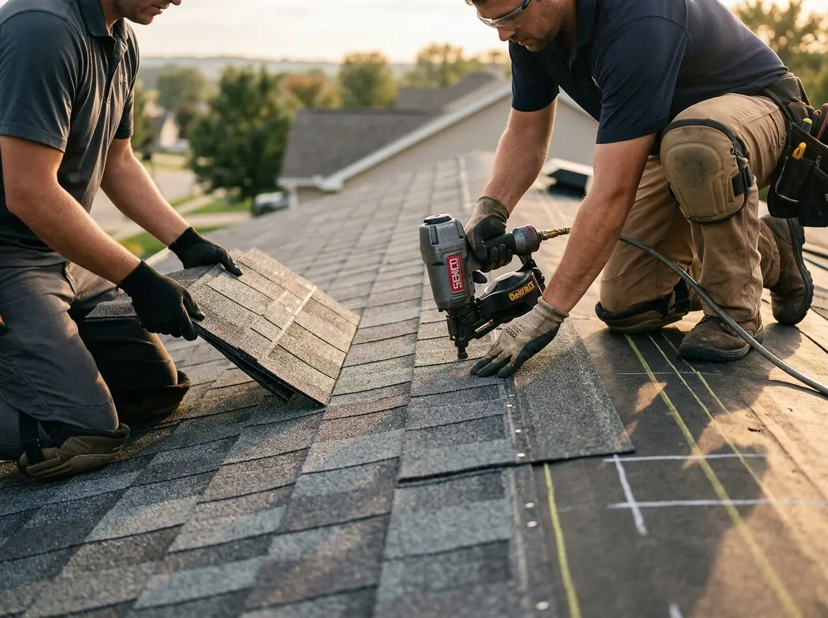 Professional roofer working on a residential roof in Derby